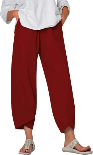 Women Cotton Linen Cropped Pants Casual Summer Elastic High Waist Loose Fit Wide Leg Drawstring Lounge Trousers with Pockets