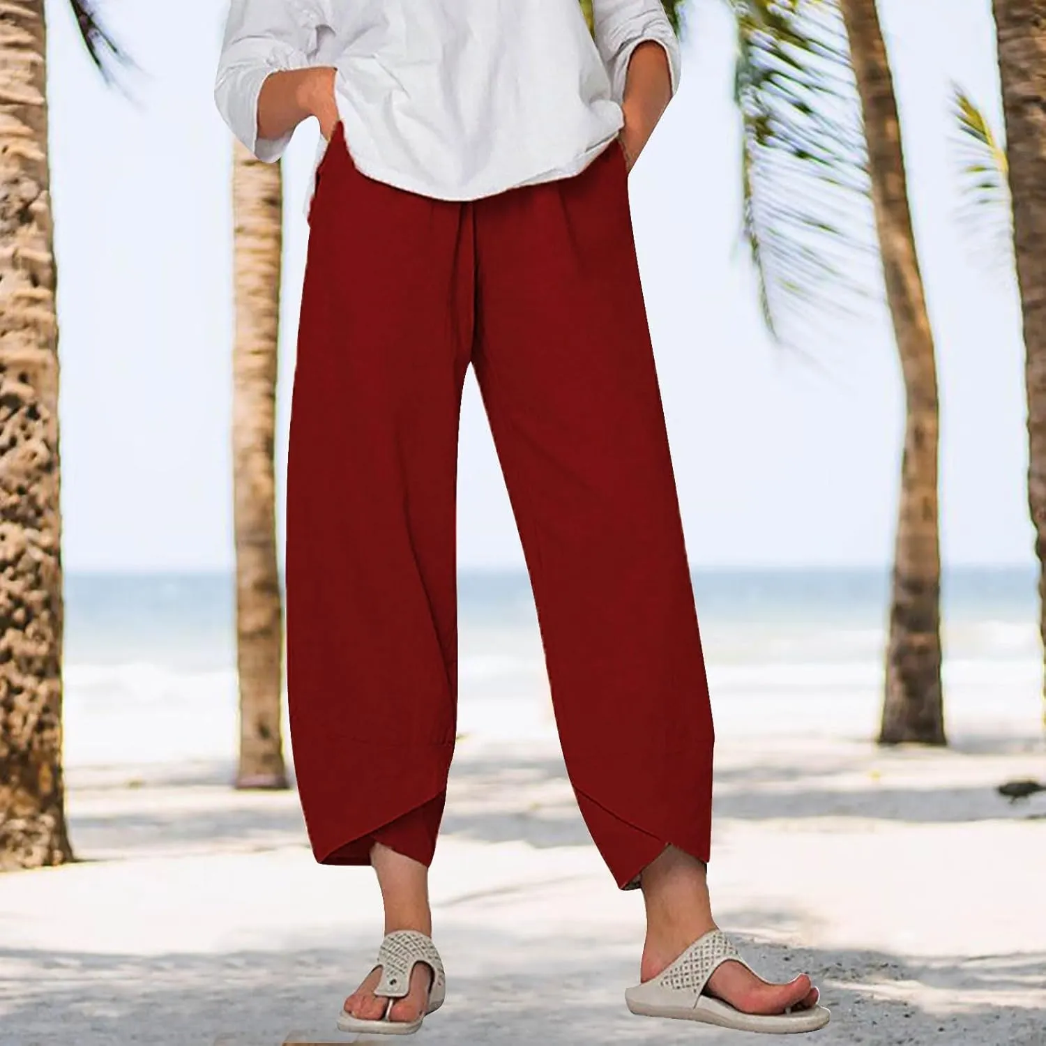 Women Cotton Linen Cropped Pants Casual Summer Elastic High Waist Loose Fit Wide Leg Drawstring Lounge Trousers with Pockets