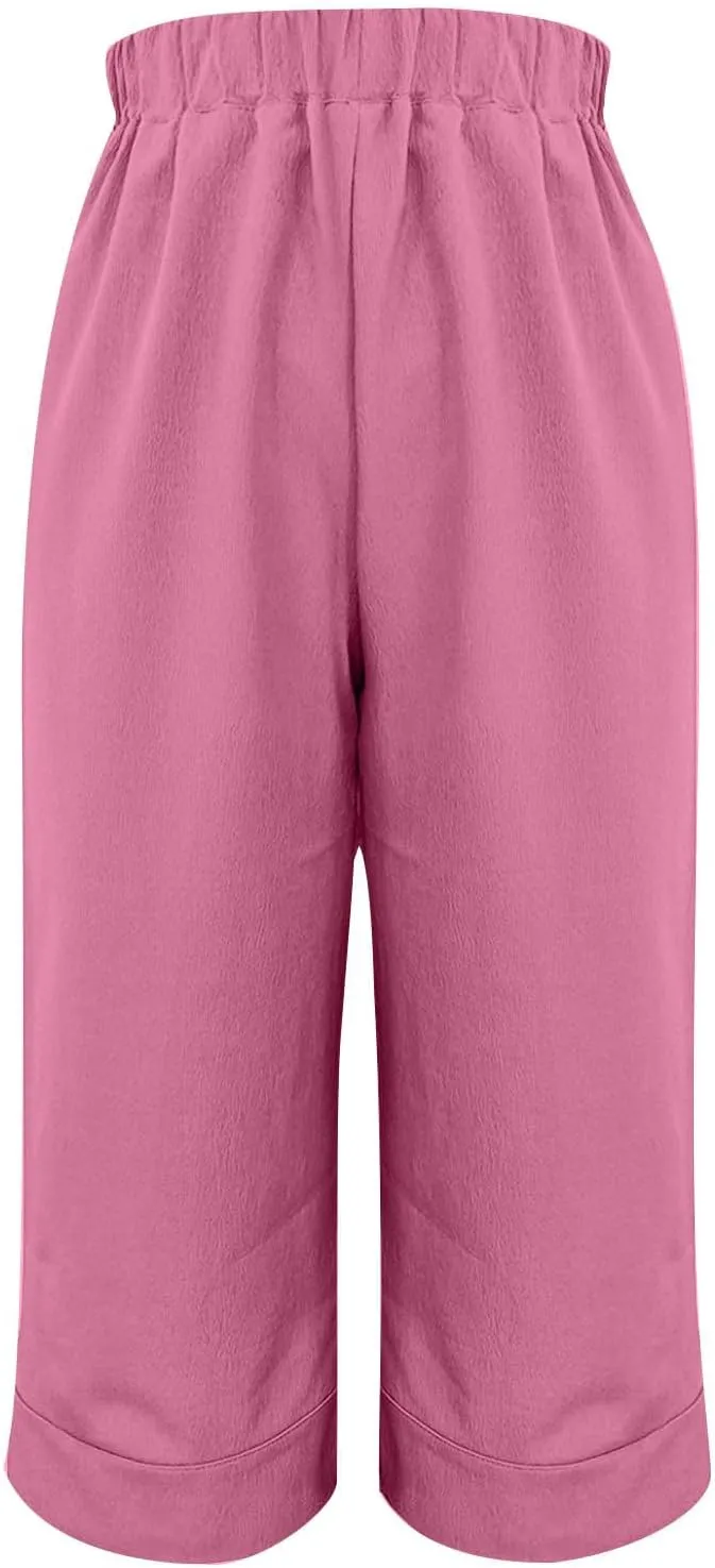 Women Cotton Linen Straight Leg Capri Pants, Lightweight Elastic Waist Summer Casual Trousers Summer Vacation Clothes