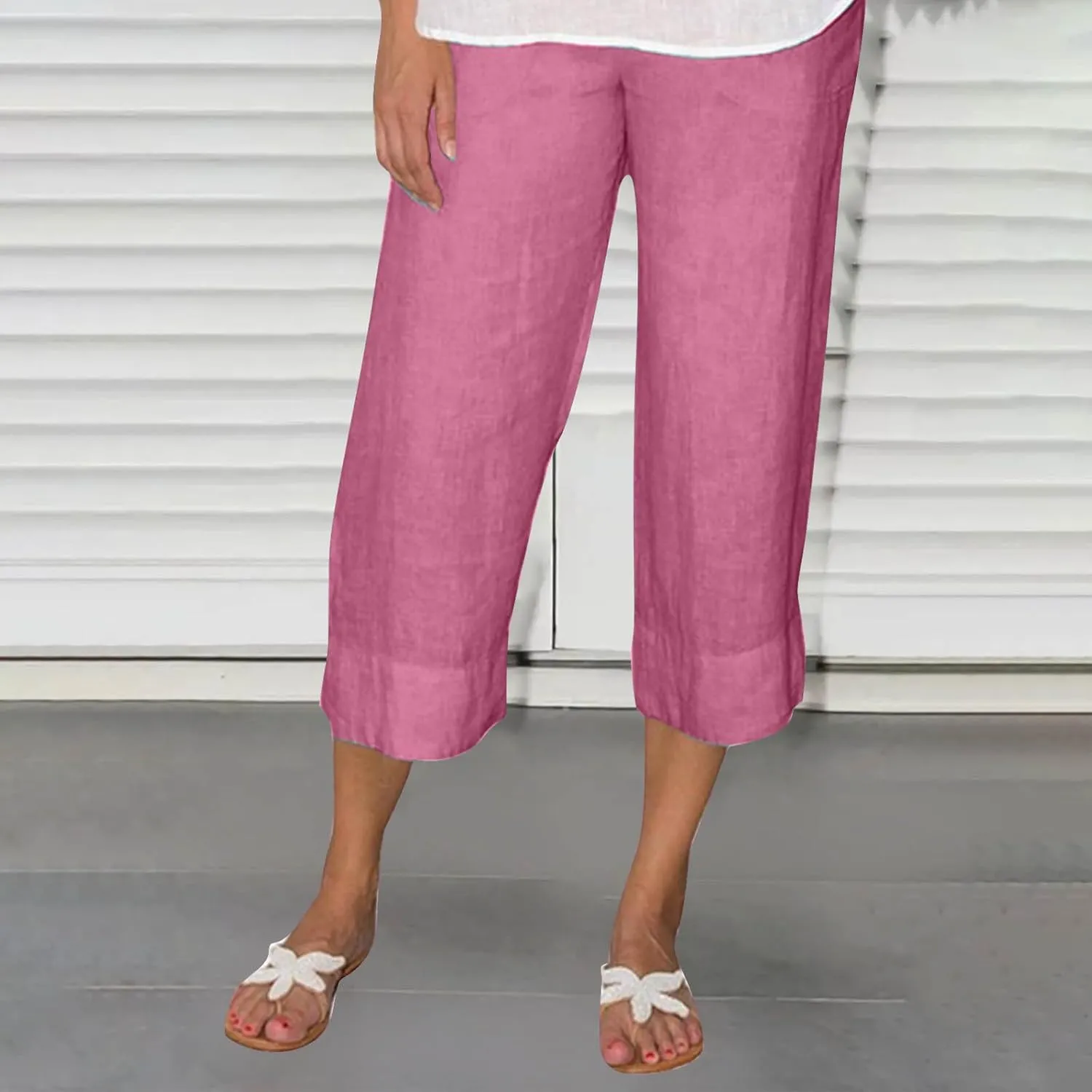 Women Cotton Linen Straight Leg Capri Pants, Lightweight Elastic Waist Summer Casual Trousers Summer Vacation Clothes