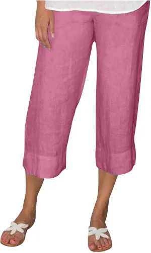 Women Cotton Linen Straight Leg Capri Pants, Lightweight Elastic Waist Summer Casual Trousers Summer Vacation Clothes