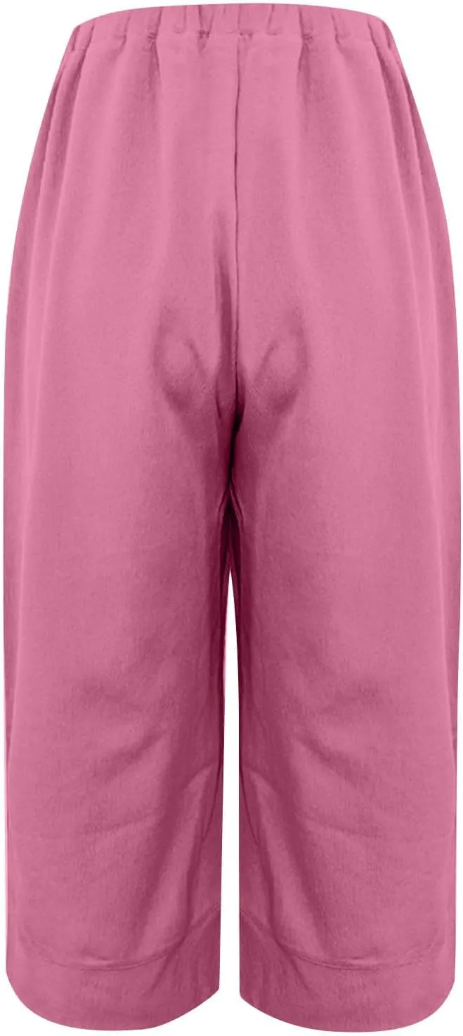 Women Cotton Linen Straight Leg Capri Pants, Lightweight Elastic Waist Summer Casual Trousers Summer Vacation Clothes