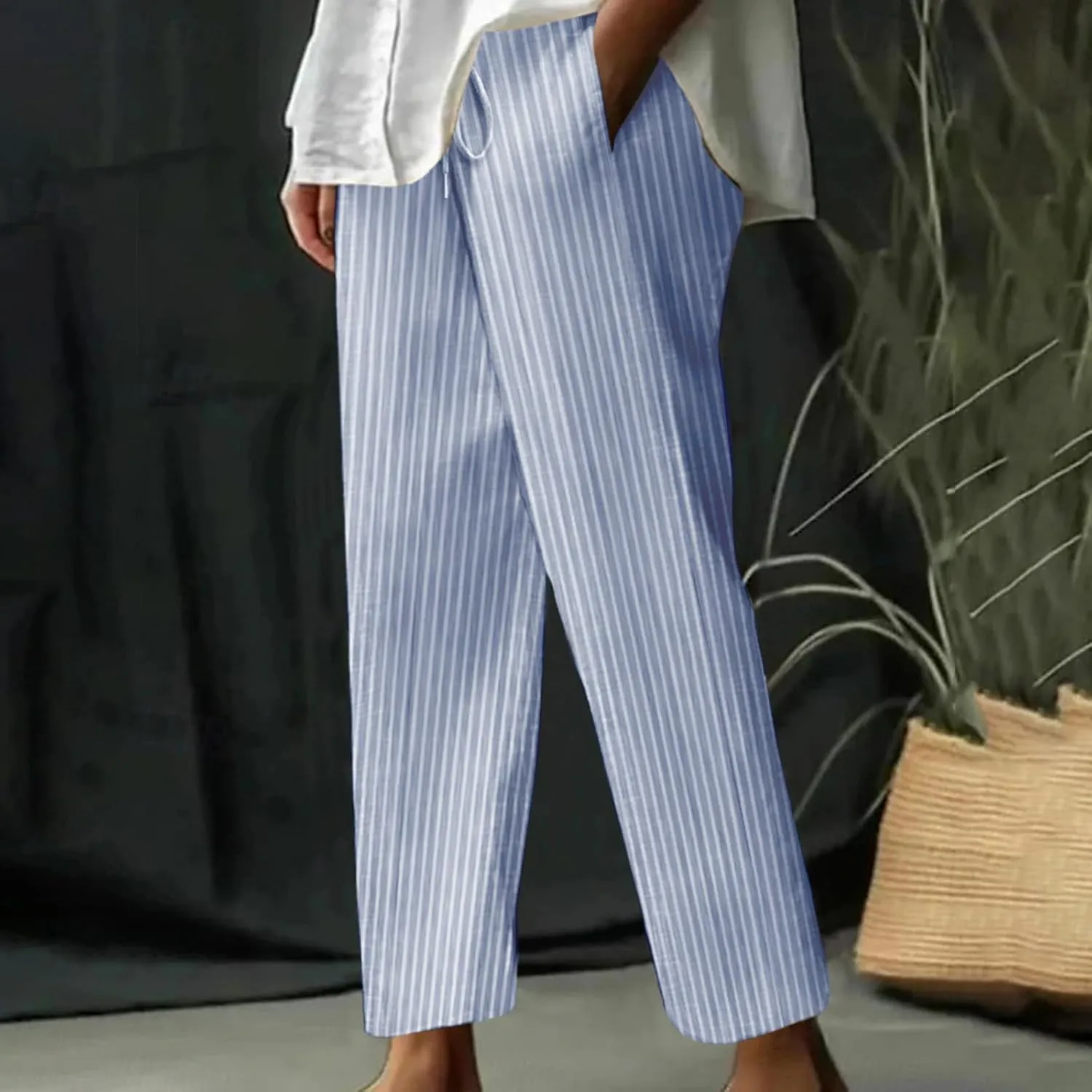 Women Cotton Linen Stripe Casual Pants, Fashion Drawstring Loose Straight Leg Trousers Summer Work Office Trendy Clothes
