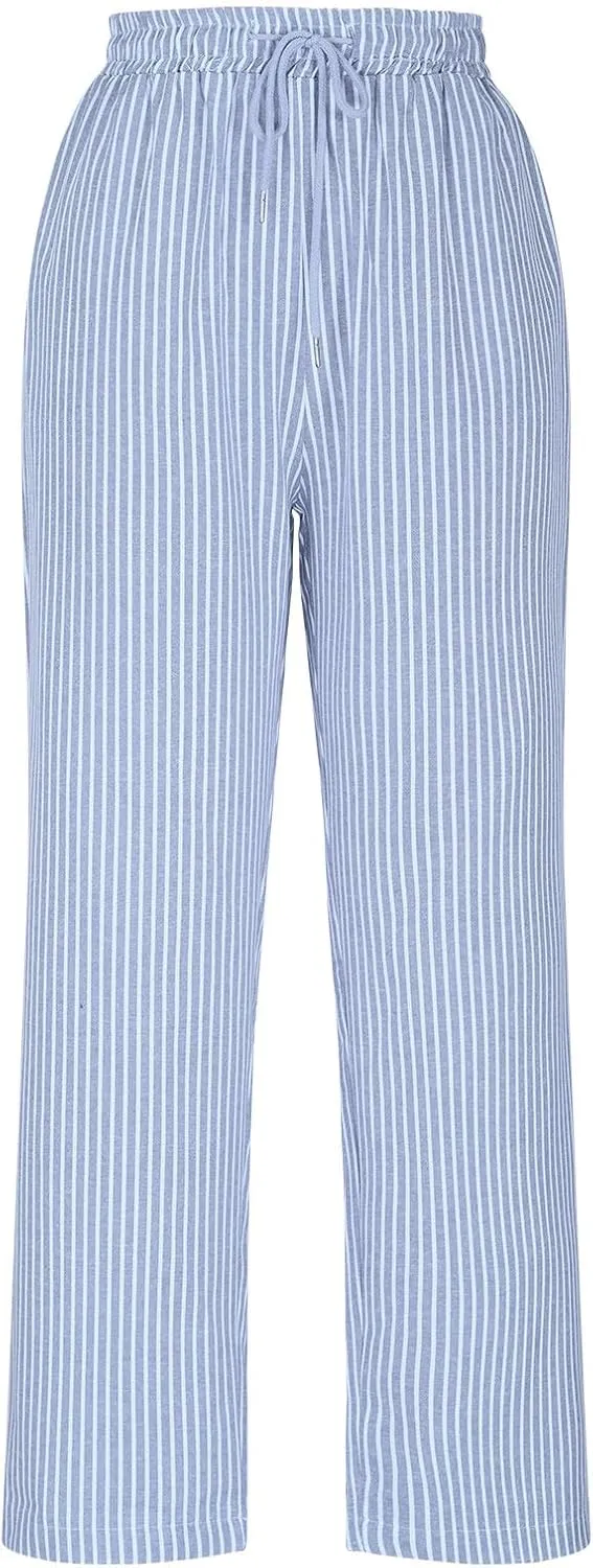 Women Cotton Linen Stripe Casual Pants, Fashion Drawstring Loose Straight Leg Trousers Summer Work Office Trendy Clothes