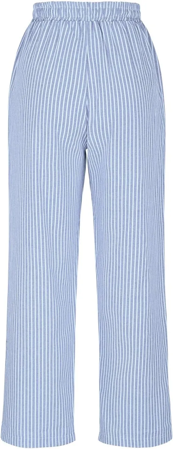 Women Cotton Linen Stripe Casual Pants, Fashion Drawstring Loose Straight Leg Trousers Summer Work Office Trendy Clothes
