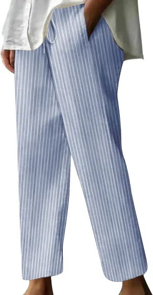 Women Cotton Linen Stripe Casual Pants, Fashion Drawstring Loose Straight Leg Trousers Summer Work Office Trendy Clothes