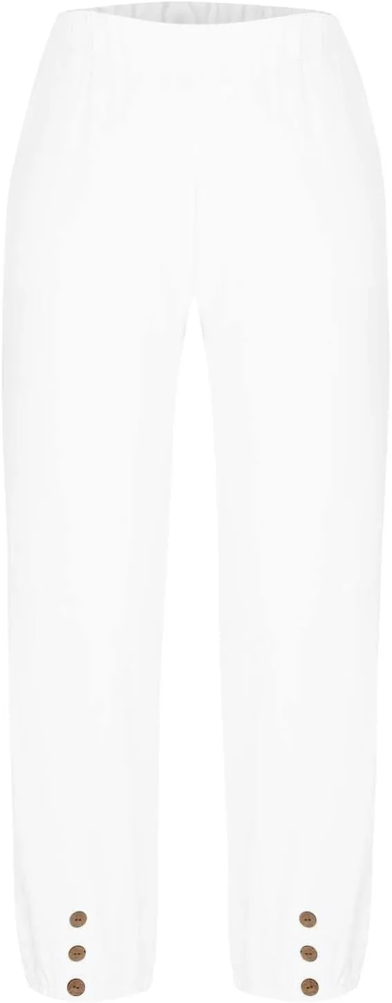 Women Cotton Linen Wide Leg Pants Casual Loose Elastic Waist Beach Palazzo Pant Button Bottom Trousers with Pockets