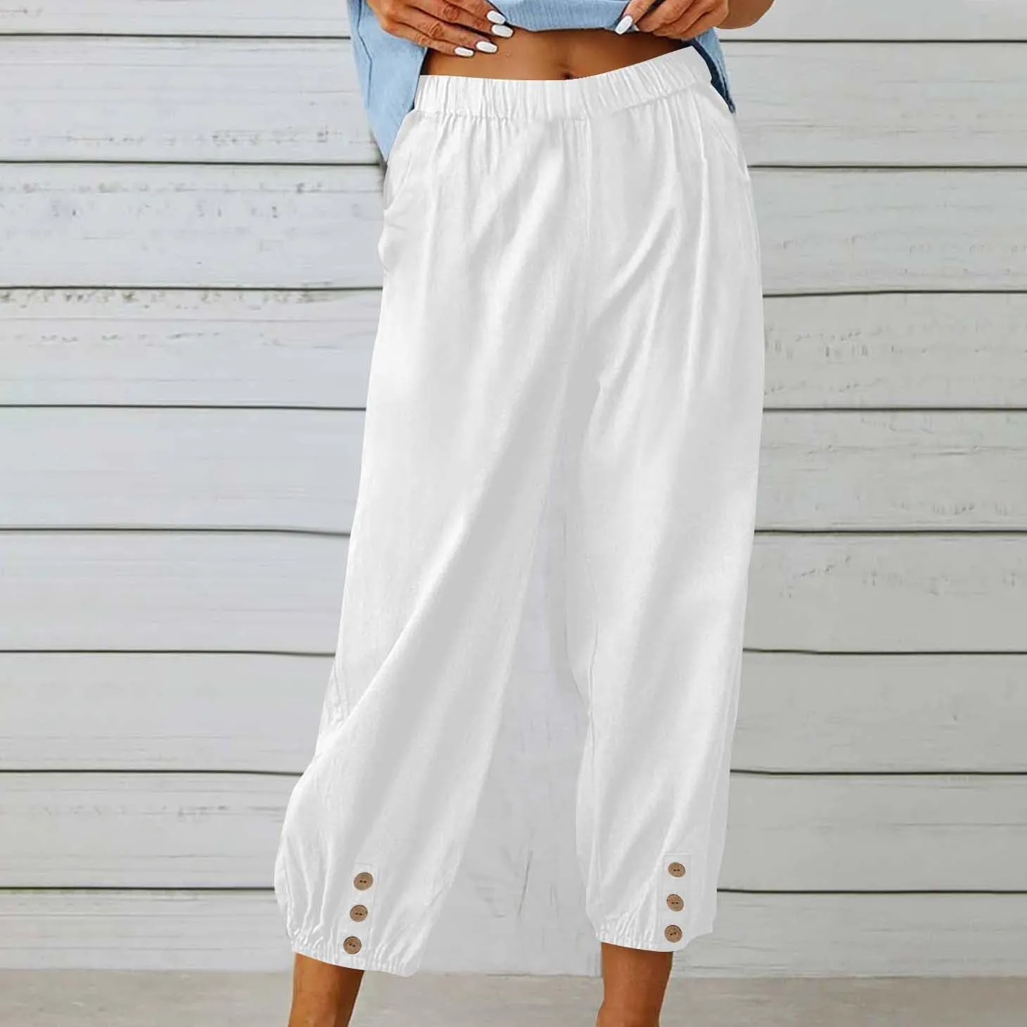 Women Cotton Linen Wide Leg Pants Casual Loose Elastic Waist Beach Palazzo Pant Button Bottom Trousers with Pockets