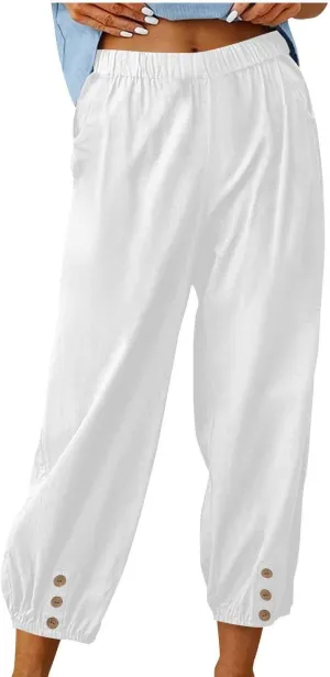Women Cotton Linen Wide Leg Pants Casual Loose Elastic Waist Beach Palazzo Pant Button Bottom Trousers with Pockets