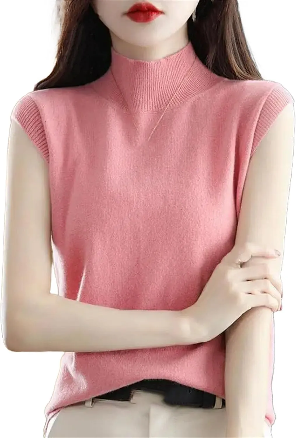 Women Half-Height Camisole Knitted Base Layer Pullover Round Neck Solid Color Loose Sleeveless Inside Top