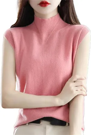 Women Half-Height Camisole Knitted Base Layer Pullover Round Neck Solid Color Loose Sleeveless Inside Top