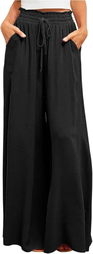 Women High Waist Casual Wide Leg Long Palazzo Pants Trousers Solid Color Drawstring Pants Beach Vacation Clothes