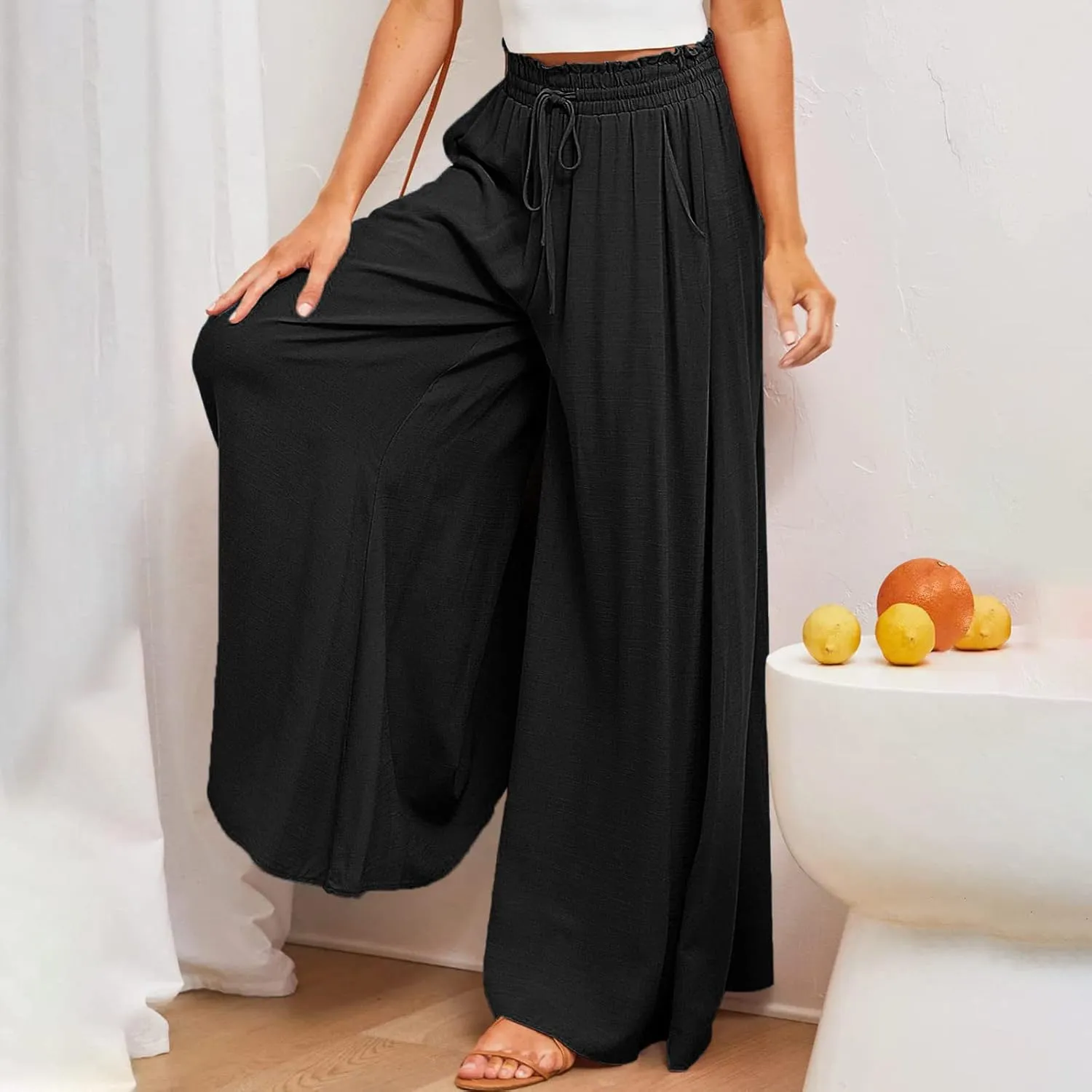 Women High Waist Casual Wide Leg Long Palazzo Pants Trousers Solid Color Drawstring Pants Beach Vacation Clothes