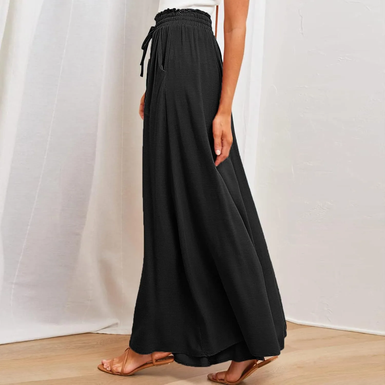 Women High Waist Casual Wide Leg Long Palazzo Pants Trousers Solid Color Drawstring Pants Beach Vacation Clothes