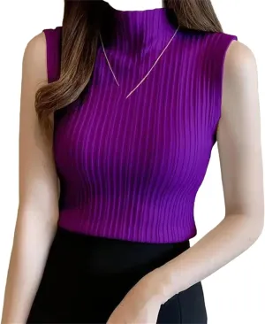 Women Knitted Camisole Wear Half High Neck Bottoming Shirt Short Knitwear Tight Sleeveless Top
