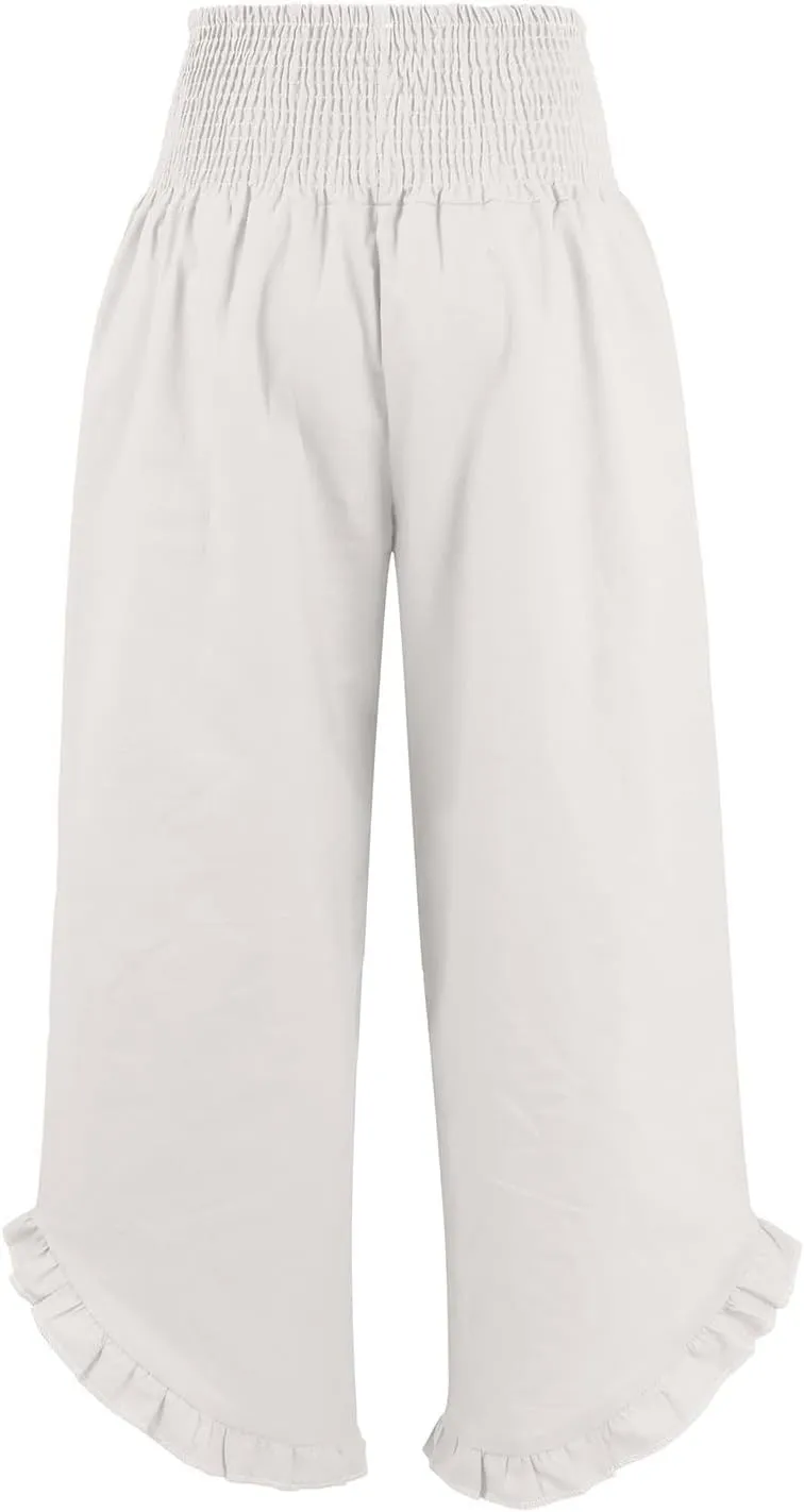 Women Linen Palazzo Pants 2025 Summer High Waisted Wide Leg Pant Pleated Beach Travel Trousers with Pockets