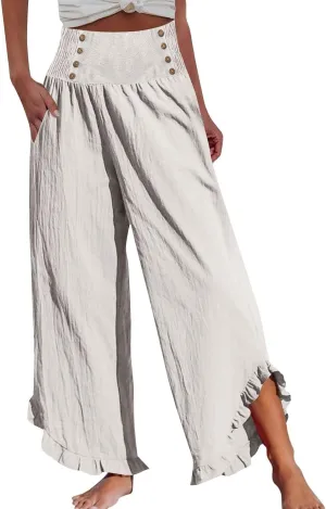 Women Linen Palazzo Pants 2025 Summer High Waisted Wide Leg Pant Pleated Beach Travel Trousers with Pockets