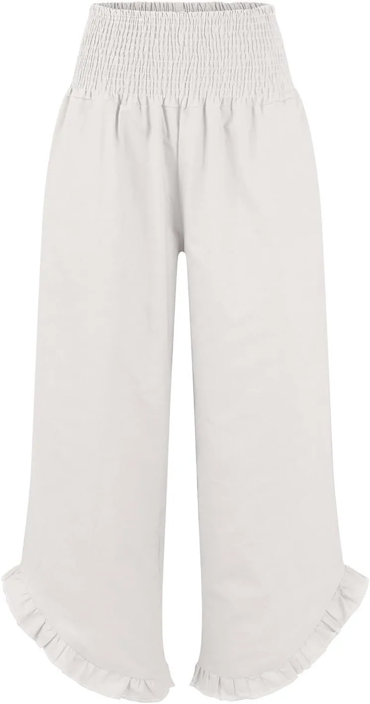 Women Linen Palazzo Pants 2025 Summer High Waisted Wide Leg Pant Pleated Beach Travel Trousers with Pockets