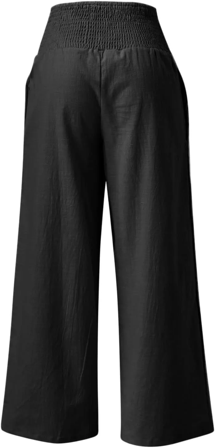 Women Linen Palazzo Pants Wide Leg Casual Summer Boho High Waisted Pants Flowy Lounge Beach Vacation Trousers with Pocket