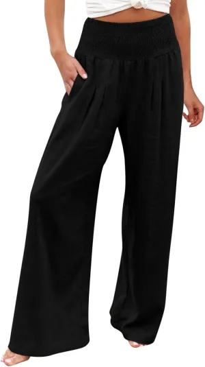 Women Linen Palazzo Pants Wide Leg Casual Summer Boho High Waisted Pants Flowy Lounge Beach Vacation Trousers with Pocket