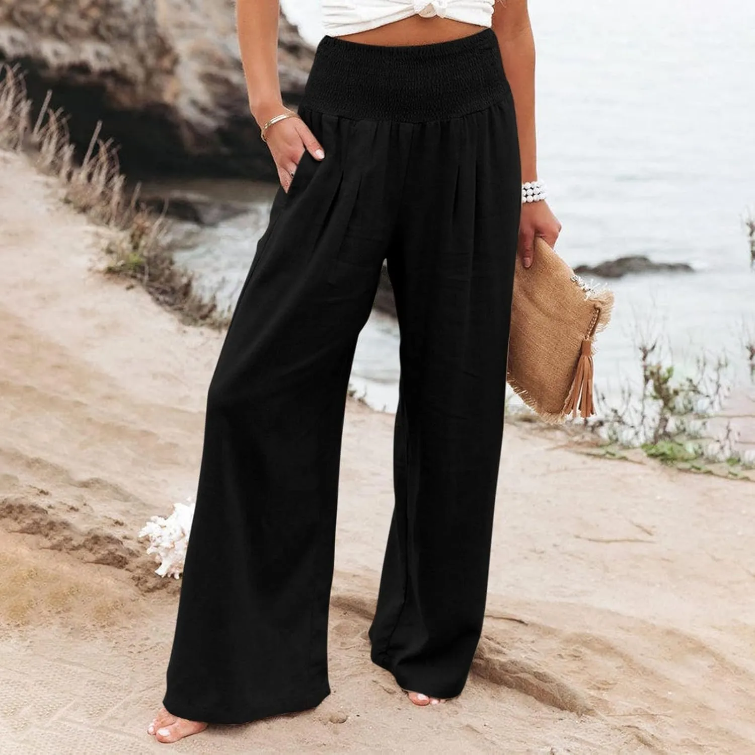 Women Linen Palazzo Pants Wide Leg Casual Summer Boho High Waisted Pants Flowy Lounge Beach Vacation Trousers with Pocket