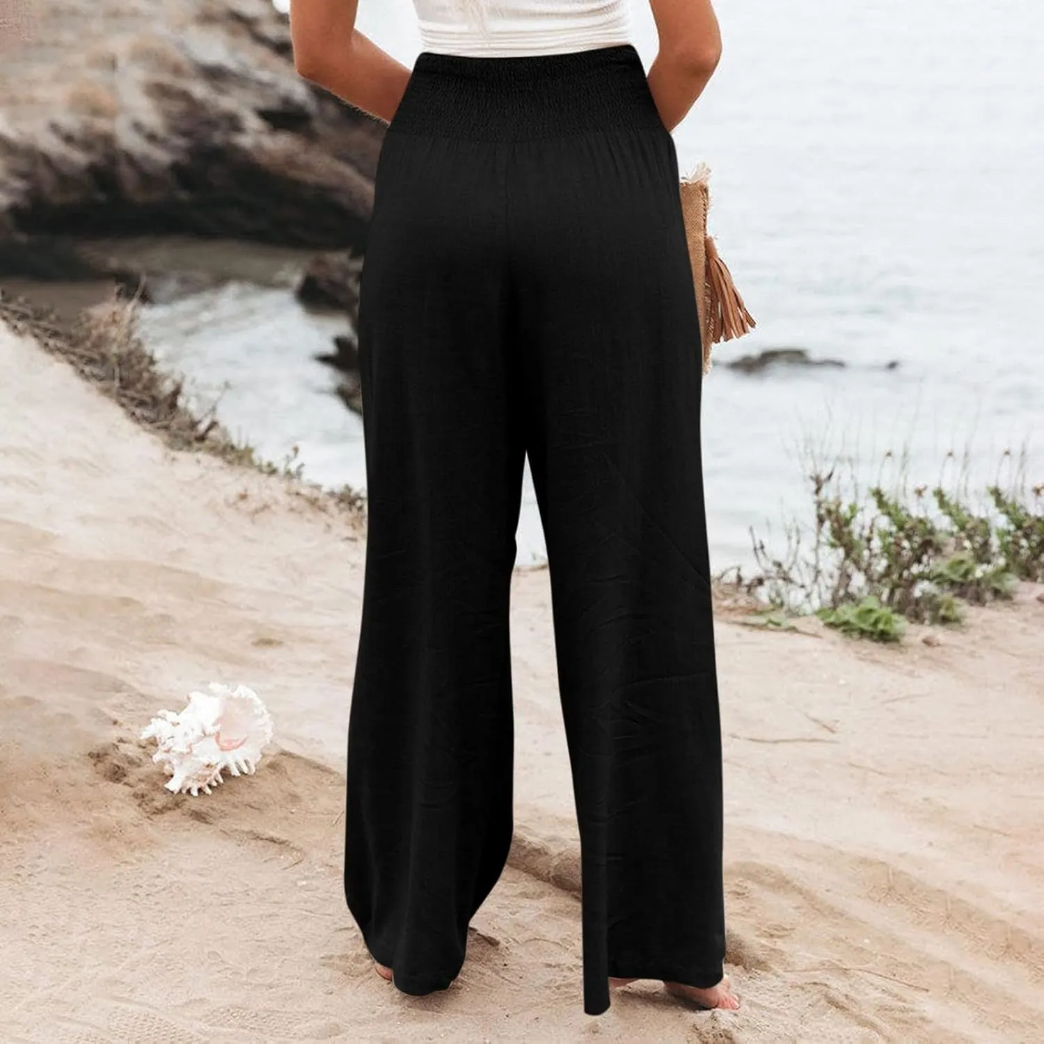 Women Linen Palazzo Pants Wide Leg Casual Summer Boho High Waisted Pants Flowy Lounge Beach Vacation Trousers with Pocket