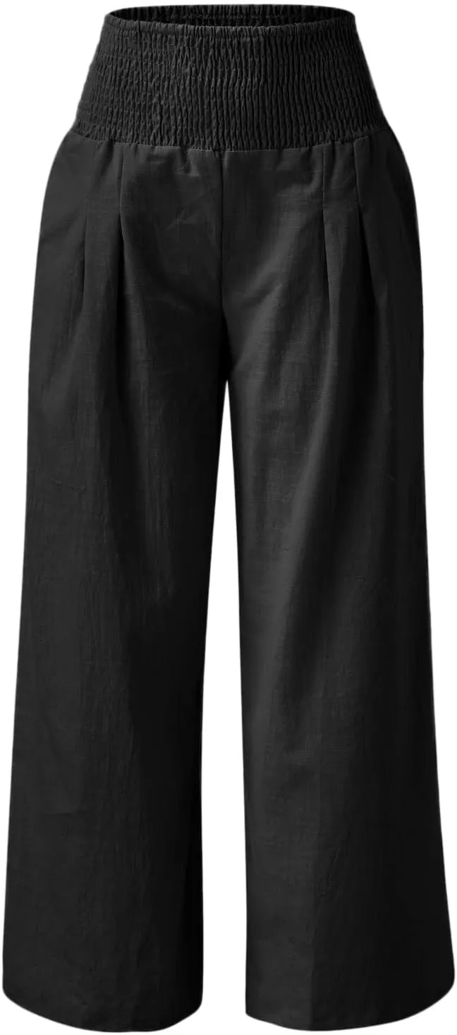 Women Linen Palazzo Pants Wide Leg Casual Summer Boho High Waisted Pants Flowy Lounge Beach Vacation Trousers with Pocket