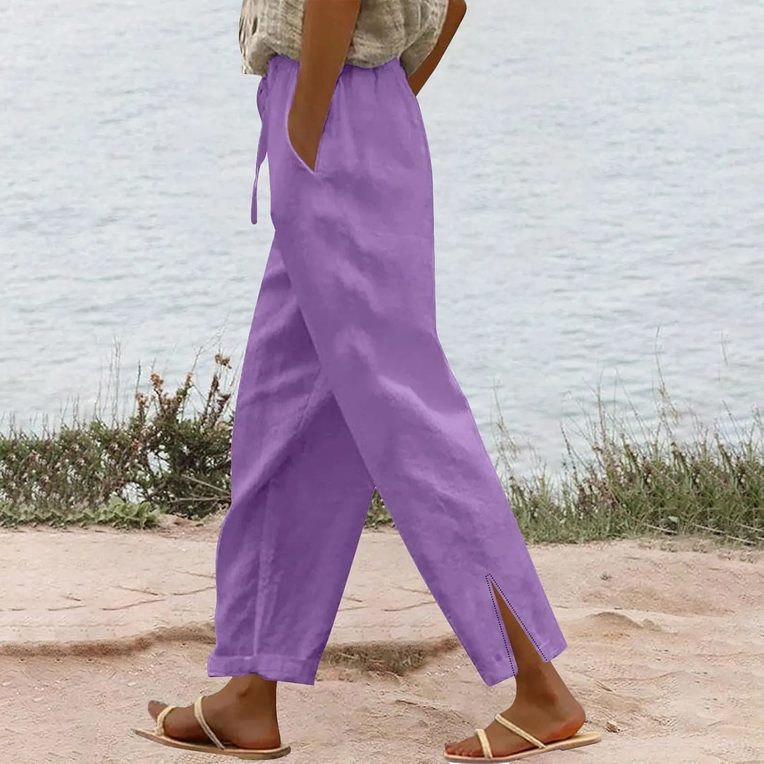 Women Linen Pants 2025 Wide Leg Casual Palazzo Pants Cotton Linen Lounge Beach Summer Pants with Pockets