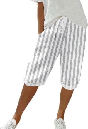 Women Linen Pants Capri Pants Cotton Wide Leg Elastic Waist Straight Leg Trousers Casual Summer Lounge Trousers