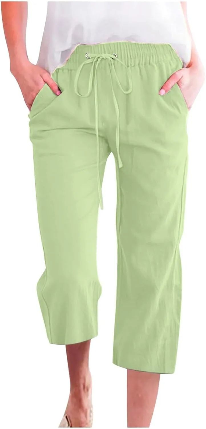 Women Linen Pants Cropped Pants Cotton High Waisted Dressy Trousers Casual Loose Summer Lounge Trousers