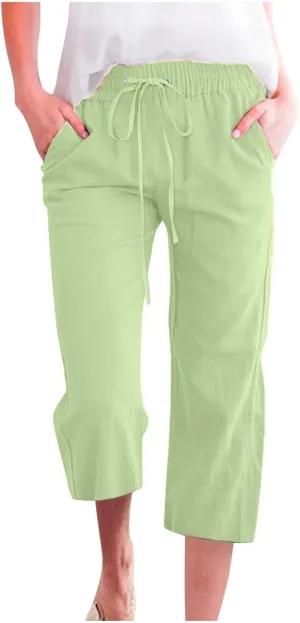 Women Linen Pants Cropped Pants Cotton High Waisted Dressy Trousers Casual Loose Summer Lounge Trousers