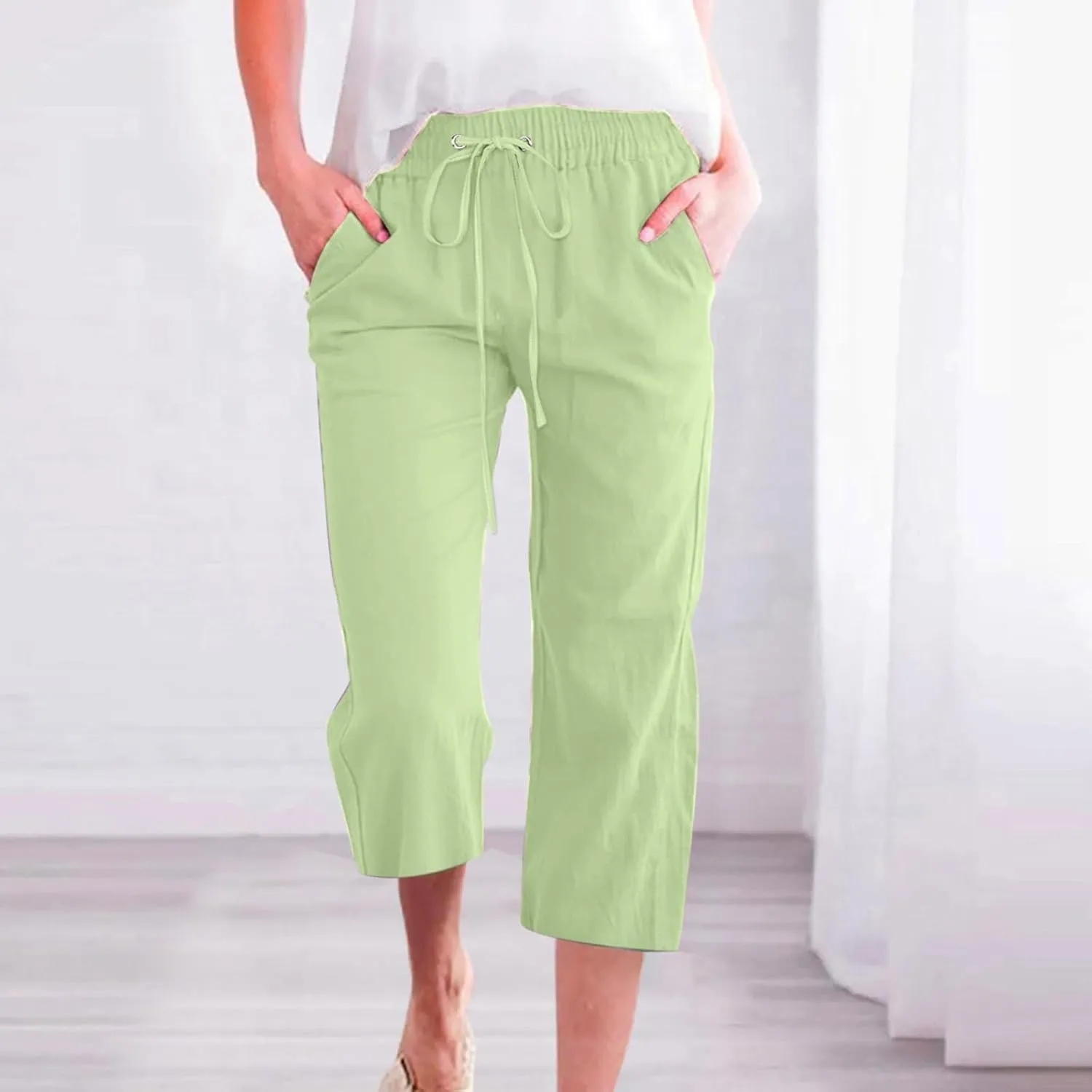Women Linen Pants Cropped Pants Cotton High Waisted Dressy Trousers Casual Loose Summer Lounge Trousers
