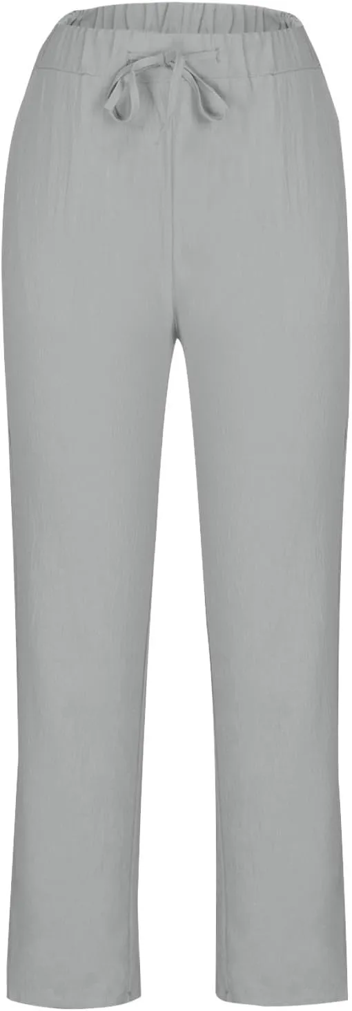Women Linen Pants with Pockets Trendy Lightweight Wide Leg Loose Fit Slacks Drawstring High Waist Printed Trousers
