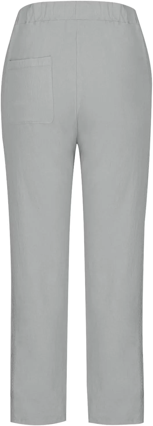 Women Linen Pants with Pockets Trendy Lightweight Wide Leg Loose Fit Slacks Drawstring High Waist Printed Trousers