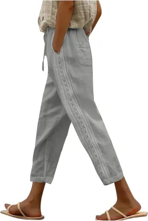 Women Linen Pants with Pockets Trendy Lightweight Wide Leg Loose Fit Slacks Drawstring High Waist Printed Trousers