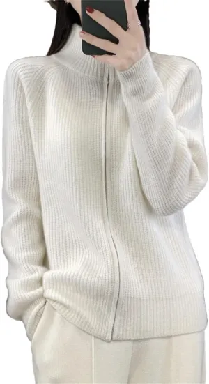 Women Mock Neck Zippers Sweater Cardigan 100% Merino Wool Knit Jumper Thick Warm Sweater Coat