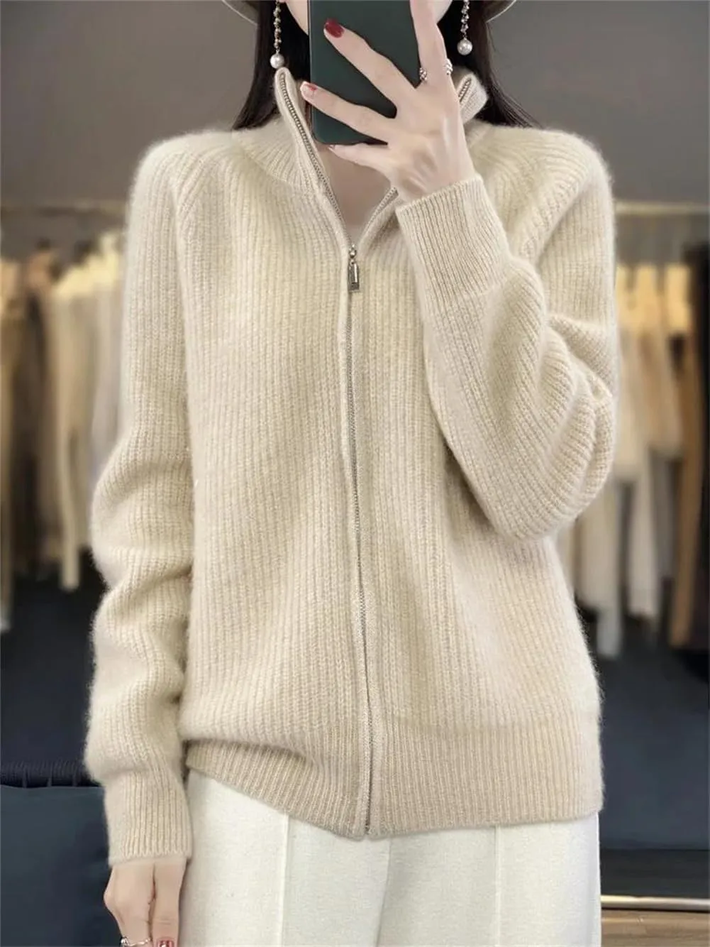 Women Mock Neck Zippers Sweater Cardigan 100% Merino Wool Knit Jumper Thick Warm Sweater Coat