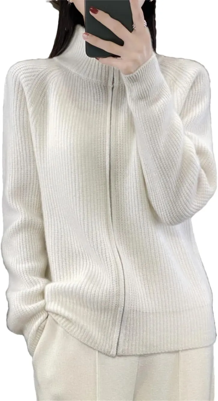 Women Mock Neck Zippers Sweater Cardigan 100% Merino Wool Knit Jumper Thick Warm Sweater Coat