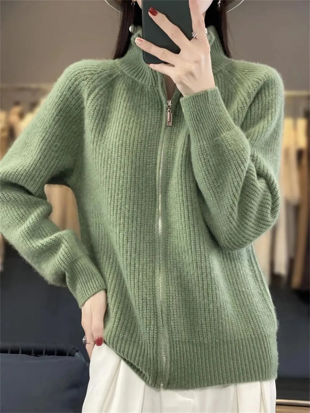 Women Mock Neck Zippers Sweater Cardigan 100% Merino Wool Knit Jumper Thick Warm Sweater Coat