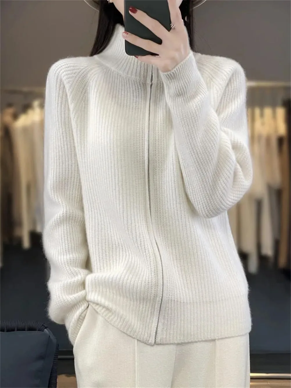 Women Mock Neck Zippers Sweater Cardigan 100% Merino Wool Knit Jumper Thick Warm Sweater Coat