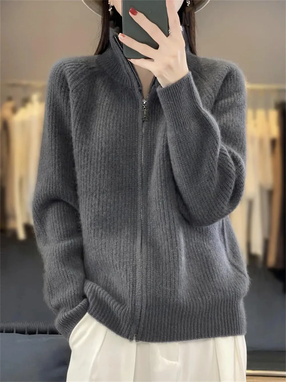 Women Mock Neck Zippers Sweater Cardigan 100% Merino Wool Knit Jumper Thick Warm Sweater Coat