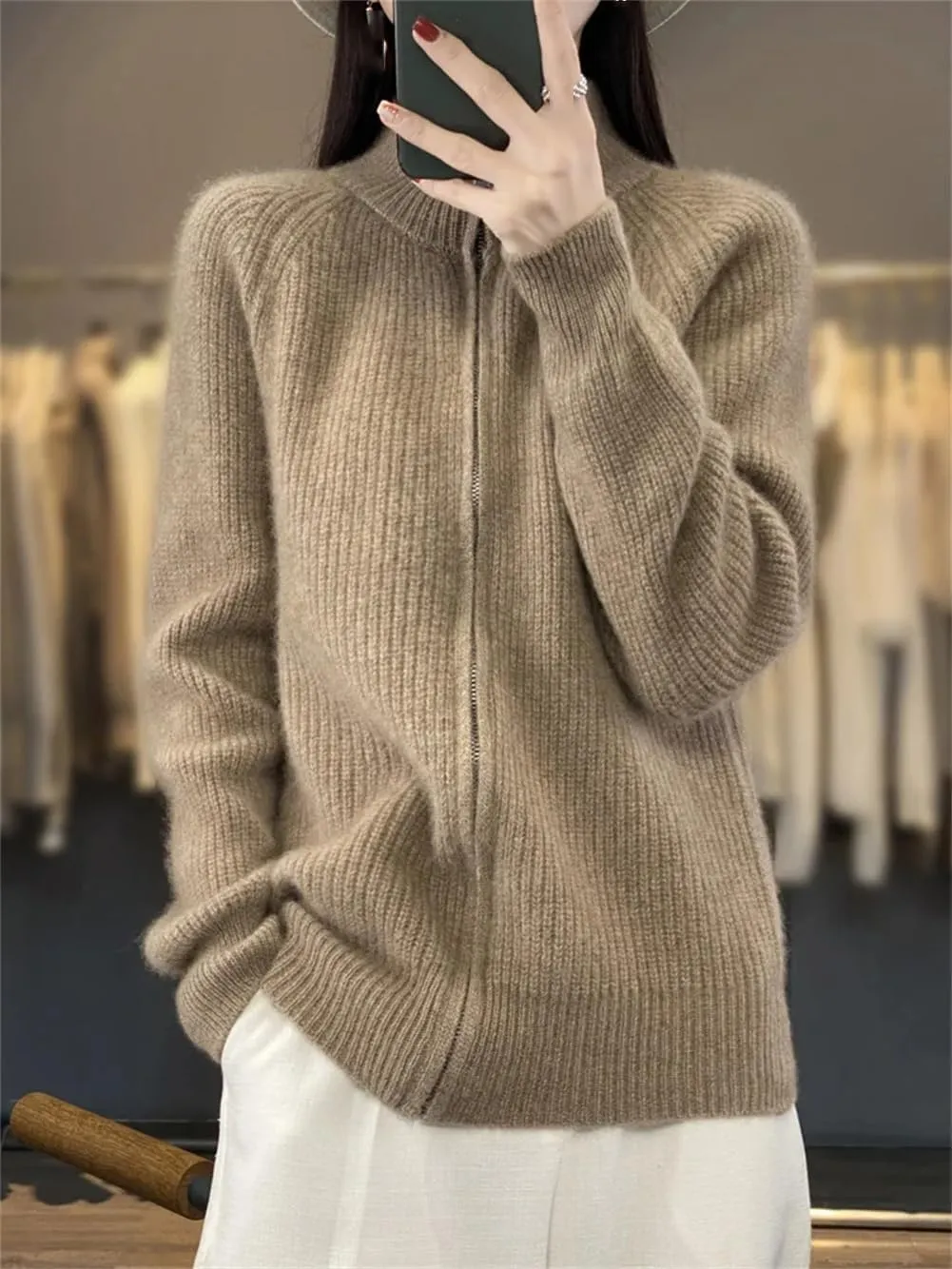 Women Mock Neck Zippers Sweater Cardigan 100% Merino Wool Knit Jumper Thick Warm Sweater Coat
