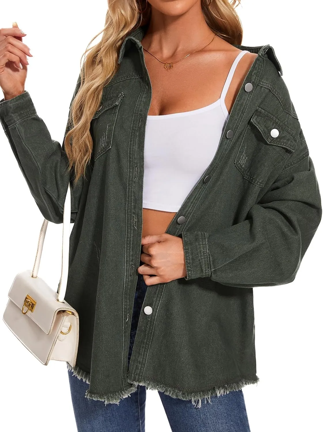 Women Oversized Button Up Denim Long Boyfriend Distresse Jean Jacket Frayed Hem Shacket