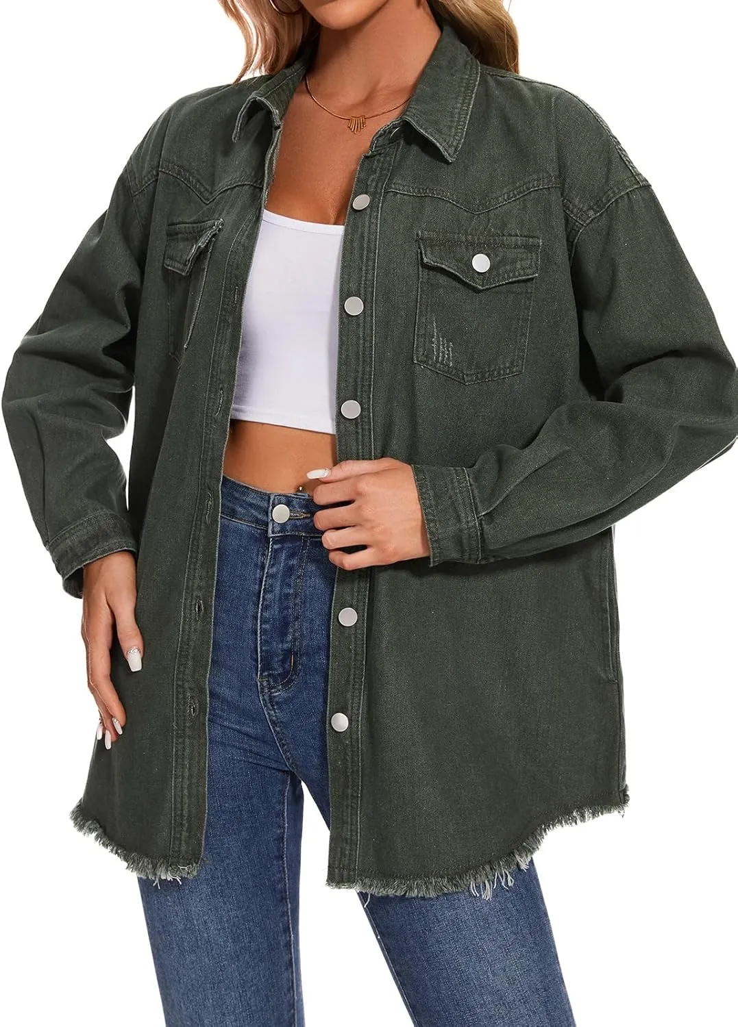 Women Oversized Button Up Denim Long Boyfriend Distresse Jean Jacket Frayed Hem Shacket