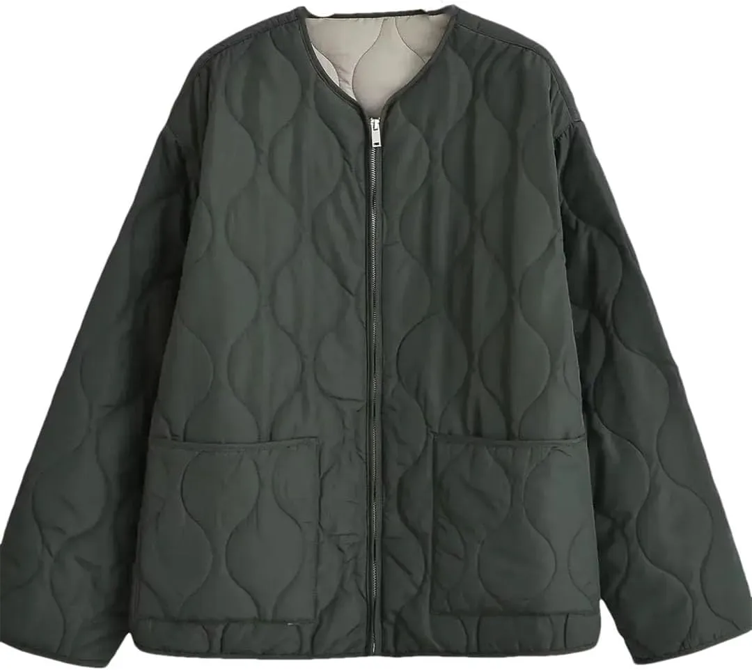 Women Patch Pocket Cotton Padded Jacket Coat Vintage O Neck Long Sleeve Zipper-Up Outerwear Tops picture colour S