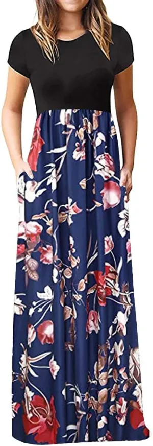 Women Plain Maxi Dresses 2025 Summer Short Sleeve Loose Casual Beach Long Dresses with Pockets