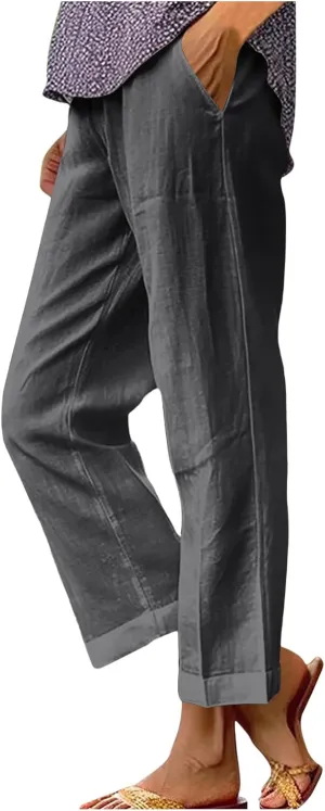 Women Plus Size Casual Pants Summer Cotton Linen Loose Fit Wide Leg Straight Trousers Lightweight Pant with Pockets