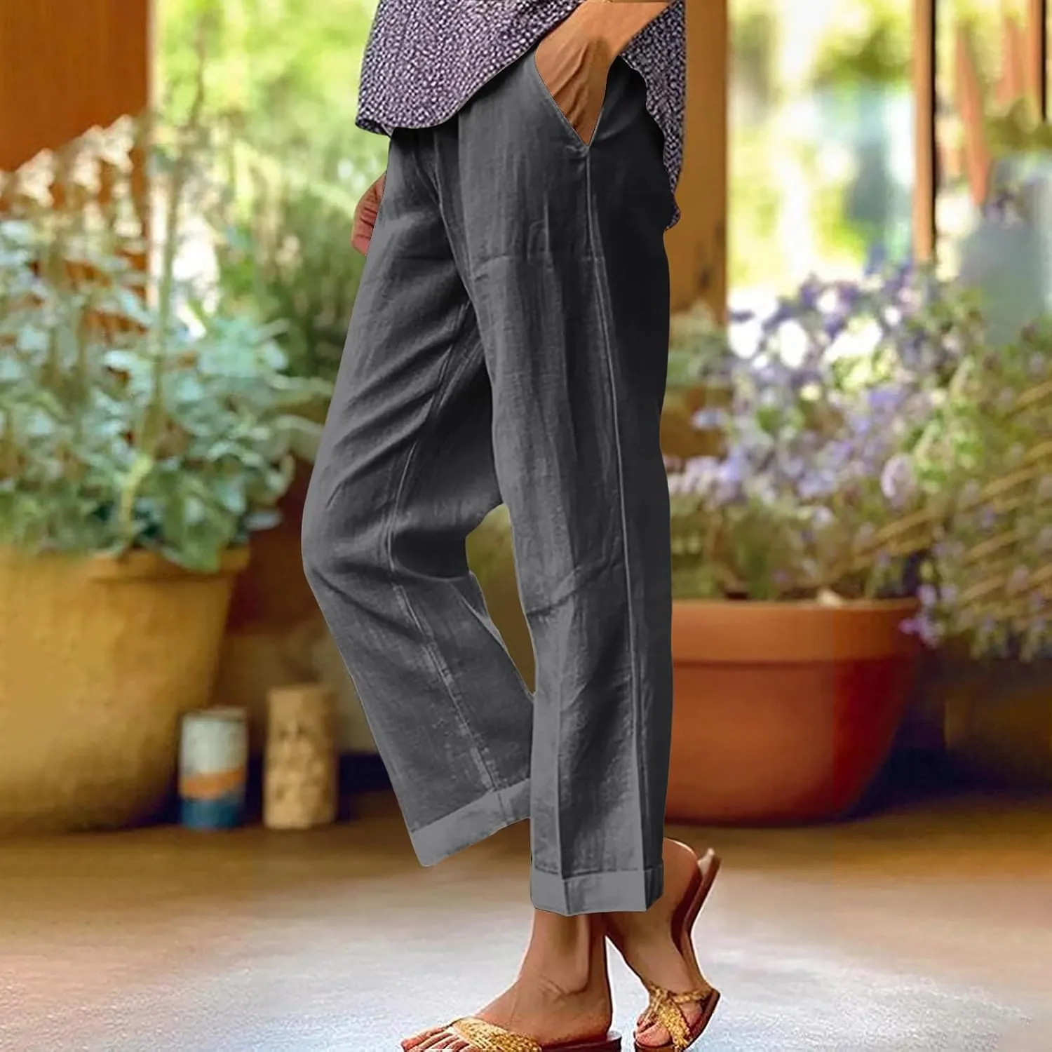 Women Plus Size Casual Pants Summer Cotton Linen Loose Fit Wide Leg Straight Trousers Lightweight Pant with Pockets