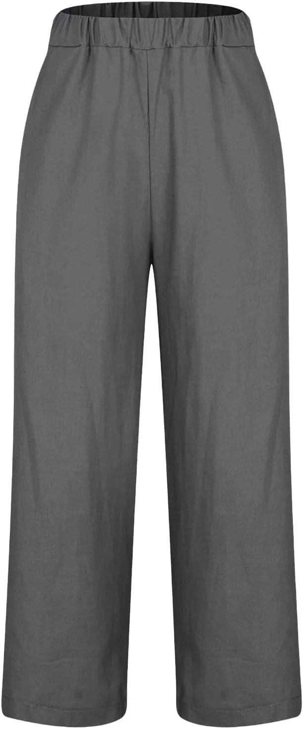 Women Plus Size Casual Pants Summer Cotton Linen Loose Fit Wide Leg Straight Trousers Lightweight Pant with Pockets