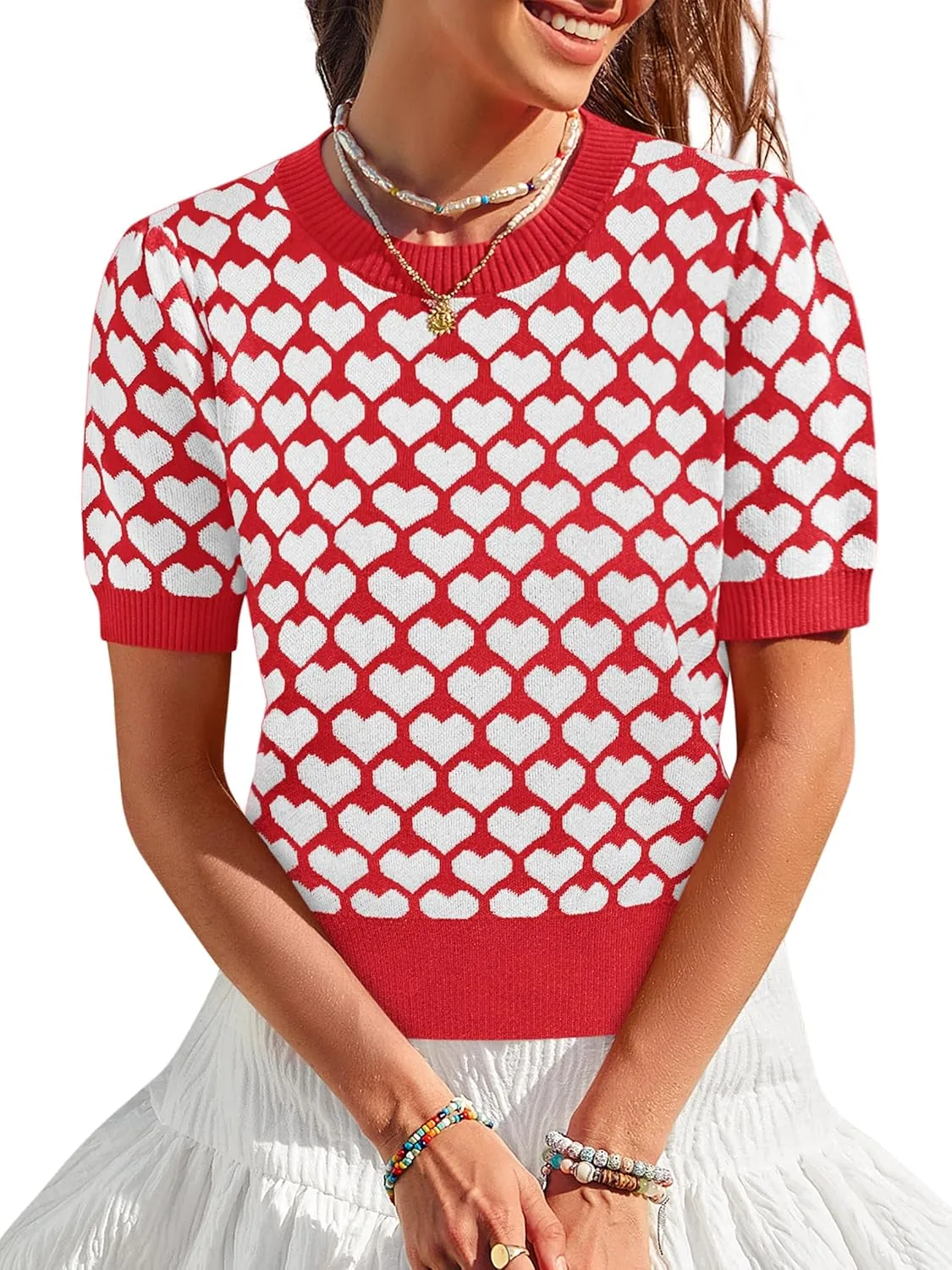Women Puff Short Sleeve Sweater Casual Cropped Knit Shirts Cute Heart Holidays Graphic Print Pullover Jumper Tops 2025